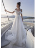 Off Shoulder Beaded Ivory Lace Tulle Romantic Floral Wedding Dress